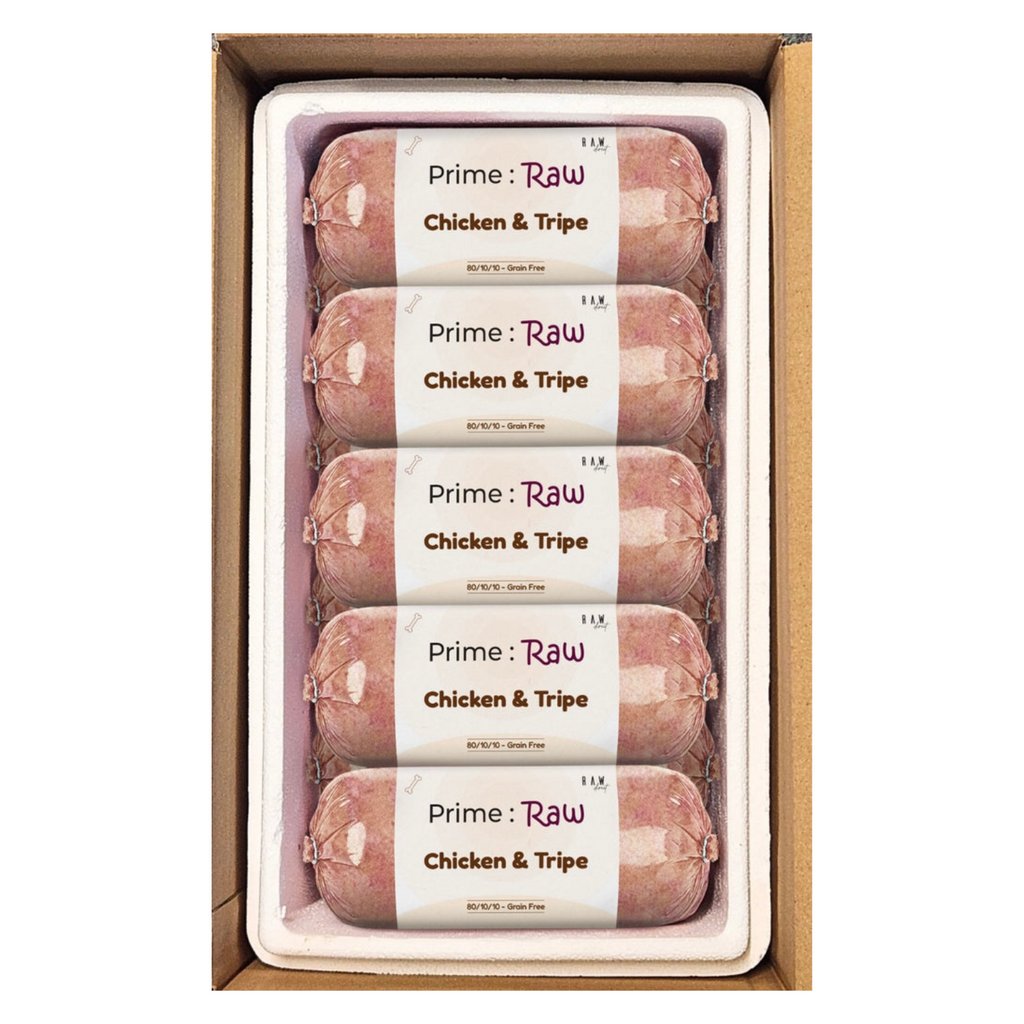 PRIME RAW Chicken & Tripe dog food 454g pack, premium raw pet food with chicken and tripe for a balanced, nutritious meal.






