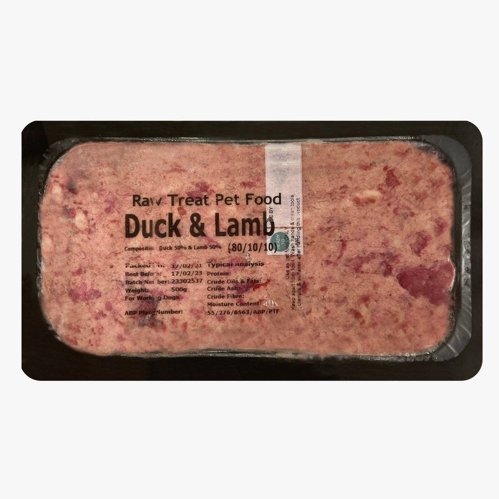 RAW TREAT PETFOOD Duck & Lamb 500g packaging, high-quality raw dog food made with fresh duck and lamb, rich in protein and nutrients for healthy pet nutrition.