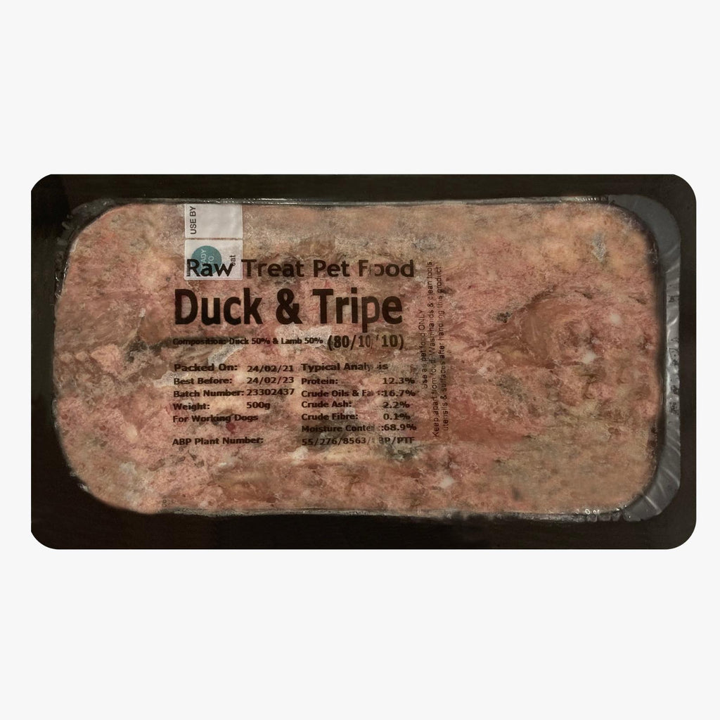 RAW TREAT PETFOOD Duck & Tripe 500g - Premium raw dog food made with high-quality duck and tripe, packed with essential nutrients for a healthy diet.