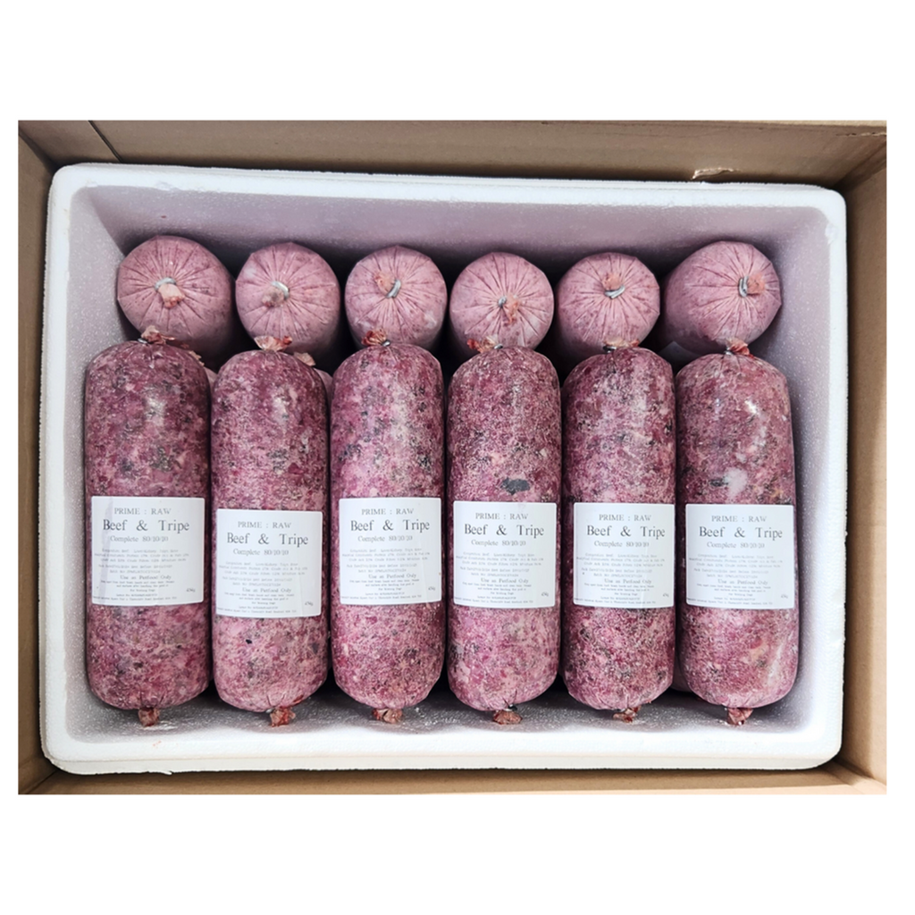 PRIME RAW Beef & Tripe dog food, a nutritious blend of beef and tripe, ideal for a natural raw diet for dogs
