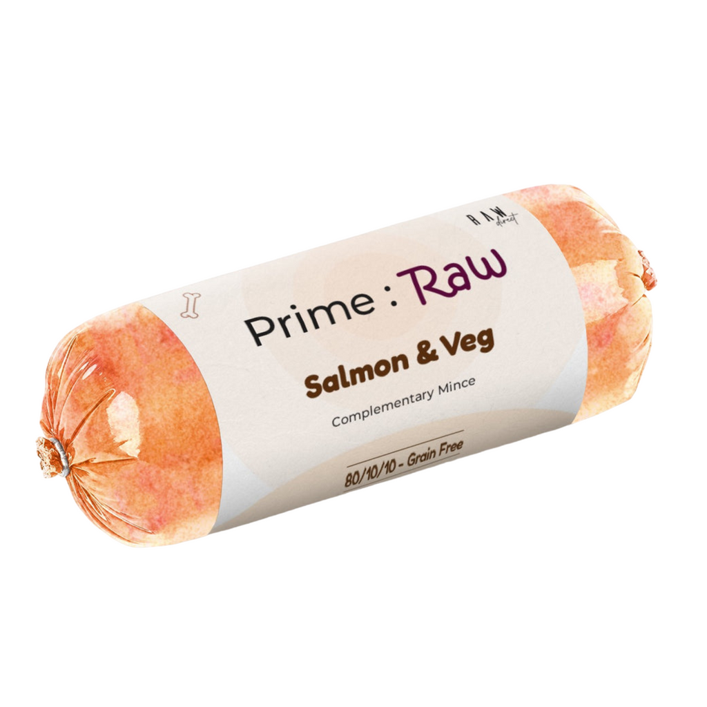 PRIME RAW Salmon Veg 454g - Nutrient-rich raw dog food made with fresh salmon and vegetables for a balanced diet.

